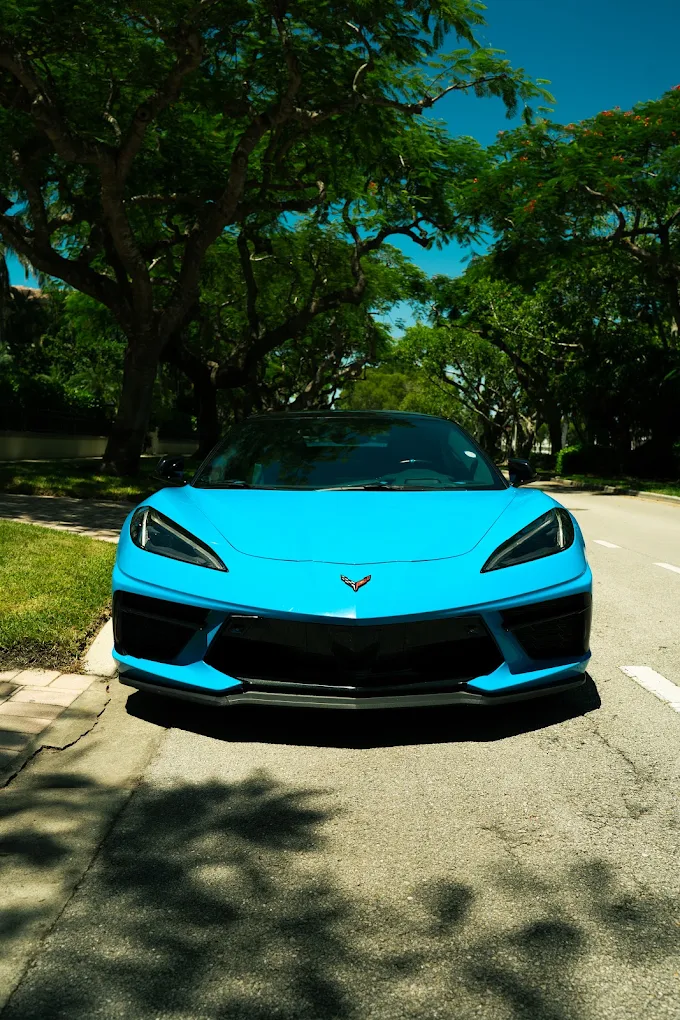 Turquoise Chevrolet Corvette C8, front view